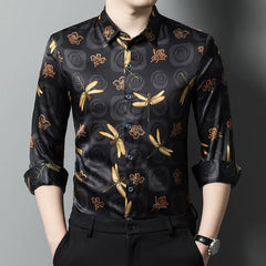 Men’s 100% Luxury Silk Long Sleeve Button-Up Dragonfly Print Shirt
