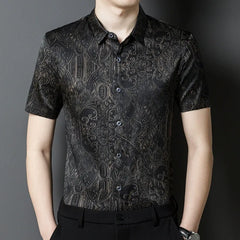 Elegant Patterned Short Sleeve 100% Mulberry Silk Men’s Shirt
