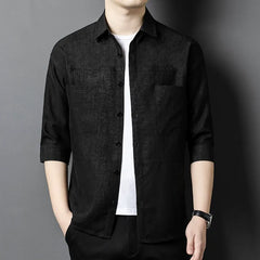 100% Silk Men’s Black Textured Pattern 3/4 Sleeve Button-Down Shirt