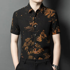 Men’s 100% Silk Printed Short Sleeve Landscape Art Button-Up Shirt