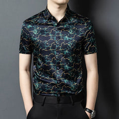 Men’s 100% Silk Marble-Pattern Short-Sleeve Button-down Casual Shirt