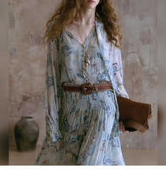 Vintage Floral Chiffon Maxi Waist-cinching Boho Long Sleeve Dress