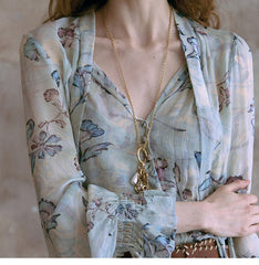 Vintage Floral Chiffon Maxi Waist-cinching Boho Long Sleeve Dress