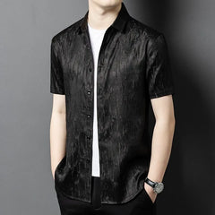 100% Silk Men’s Black Textured Luxury Modern Button-Down Short Sleeve Shirt
