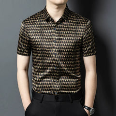 Men’s 100% Mulberry Silk Geometric Print Designer Button-Up Shirt