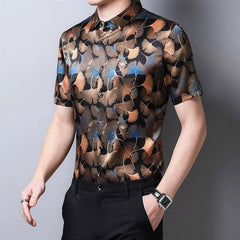 Casual Wear Men’s Ginkgo Leaf Print Silk Short-Sleeve Shirt