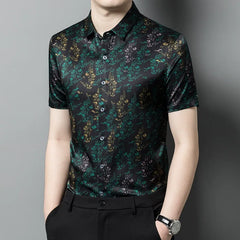 Men’s 100% Silk Floral-Pattern Short-Sleeve Slim Fit Luxury Shirt