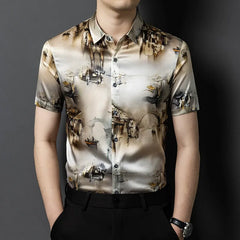 Men’s 100% Mulberry Silk Luxury Satin Button-Up Artistic Print Shirt