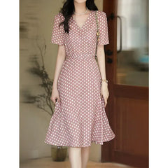 V-Neck 100% Silk Polka Dot Vintage-Inspired Midi A-Line Dress