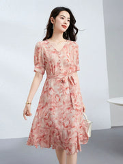 V Neck 100% Pink Floral Midi Dress Button Front Tie Waist Dress