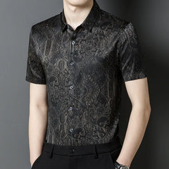 Elegant Patterned Short Sleeve 100% Mulberry Silk Men’s Shirt