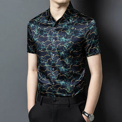 Men’s 100% Silk Marble-Pattern Short-Sleeve Button-down Casual Shirt