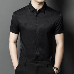 Men’s 100% Silk Jacquard Short Sleeve Button-Up Collared Dress Shirt