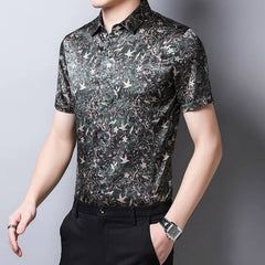 100% Silk Men’s Floral Print Luxury Botanical Button-Down Shirt