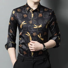 Men’s 100% Luxury Silk Long Sleeve Button-Up Dragonfly Print Shirt