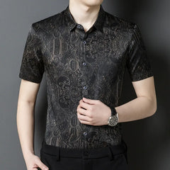 Elegant Patterned Short Sleeve 100% Mulberry Silk Men’s Shirt