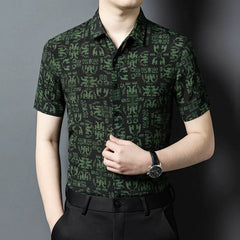 Luxury Button-down Men’s 100% Silk Green Geometric-Pattern Slim Fit Shirt