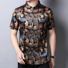 Casual Wear Men’s Ginkgo Leaf Print Silk Short-Sleeve Shirt