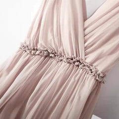 V-Neck Adjustable Straps Sleeveless Chiffon Silk Dress with Smocked Waist