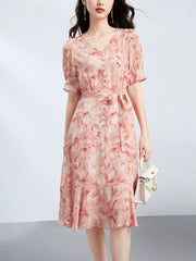 V Neck 100% Pink Floral Midi Dress Button Front Tie Waist Dress