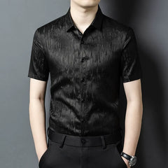 100% Silk Men’s Black Textured Luxury Modern Button-Down Short Sleeve Shirt