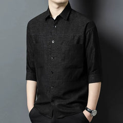 100% Silk Men’s Black Textured Pattern 3/4 Sleeve Button-Down Shirt