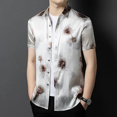 Luxury Men’s 100% Silk White Rose-Pattern Casual Shirt