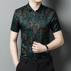 Men’s 100% Silk Floral-Pattern Short-Sleeve Slim Fit Luxury Shirt