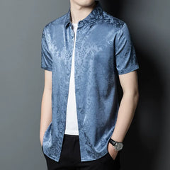 Modern Button-down Men’s Jacquard Patterned 100% Silk Shirt