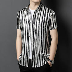 Men’s 100% Silk Black-white Striped Pattern Dress Shirt