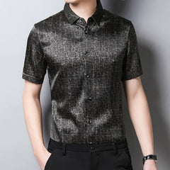 Classic Men’s 100% Silk Black Cracked-Marble Button-Front Shirt