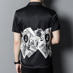 100% Silk Men’s Black Graphic Print Short Sleeve Button-Down Shirt