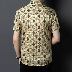 Men’s 100% Mulberry Silk Geometric Print Shirt Button-Up Silk Top