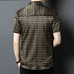 Men’s 100% Mulberry Silk Geometric Print Designer Button-Up Shirt