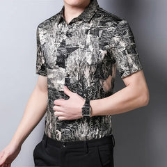 Men’s Abstract Print 100% Silk Short-Sleeve Shirt Silk Top