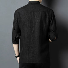 100% Silk Men’s Black Textured Pattern 3/4 Sleeve Button-Down Shirt