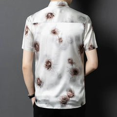 Luxury Men’s 100% Silk White Rose-Pattern Casual Shirt