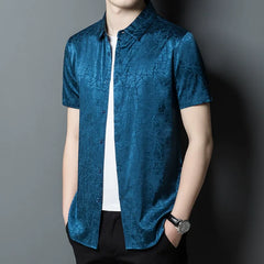 Men’s Cracked Texture Short-Sleeve Silk Shirt Button Up Silk Top