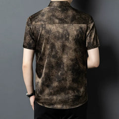 Modern Men’s 100% Silk Cracked Marble-Pattern Short-Sleeve Shirt