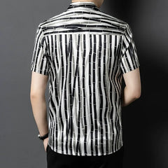 Men’s 100% Silk Black-white Striped Pattern Dress Shirt