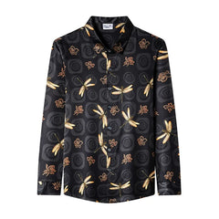 Men’s 100% Luxury Silk Long Sleeve Button-Up Dragonfly Print Shirt
