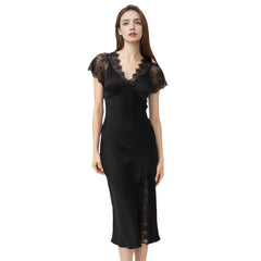 Black Elegant V-Neck Sleep Dress Lace Trim 100% Silk Nightgown