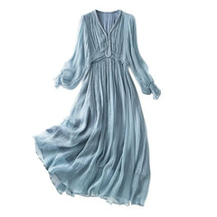 Luxury 100% Silk Pleated V-Neck Long Maxi Dress with Braided Trim