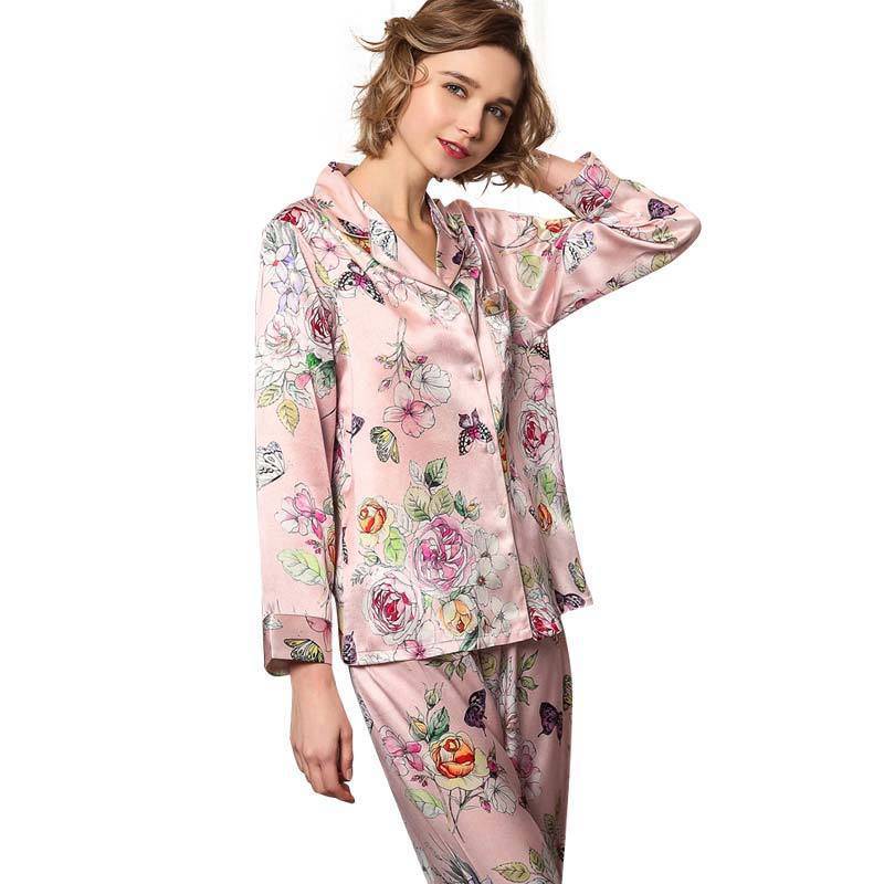Women Luxury Long Silk Butterfly Print Silk Pajamas Set - DIANASILK