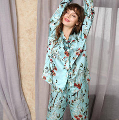 Flower Print Silk Pajamas For Women Long Sleeved Silk Pajama Set - DIANASILK