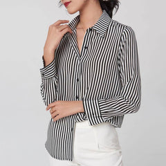 100% Pure Silk Long Sleeves Silk Blouse Silk Shirt Stripe For Women - DIANASILK
