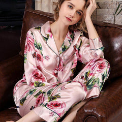 Rose Floral Silk Pajama Set two piece Silk Pajamas for Women - DIANASILK