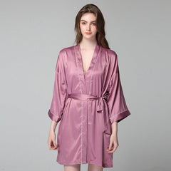 100% Silk V Neck Bridal Short Silk Robes With White Trim Soft Nightwear (multi-colors) - DIANASILK