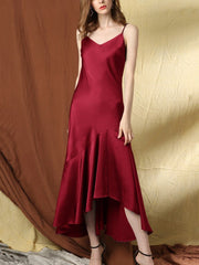 22 Momme Ruffled Long Silk Dress With High Slit - DIANASILK