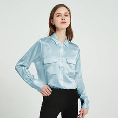 Classic Long Sleeves Silk Top With Two Patch Pockets - DIANASILK